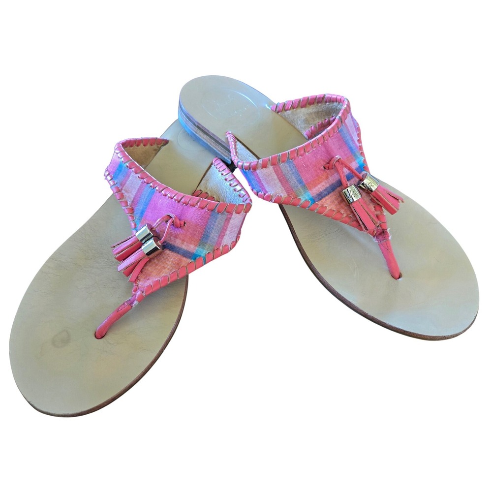 Jack Rogers Preppy Chic Women's Sz 8 Alana Pink Madras Whipstitch Tassel Sandals